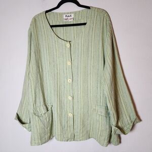 Flax 100% Linen Green Blue Button Top Shirt Shacket Cuff-Sleeve 2X Oversized